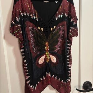 Embellished Black & Burgundy Butterfly V-Neck Women's Top
